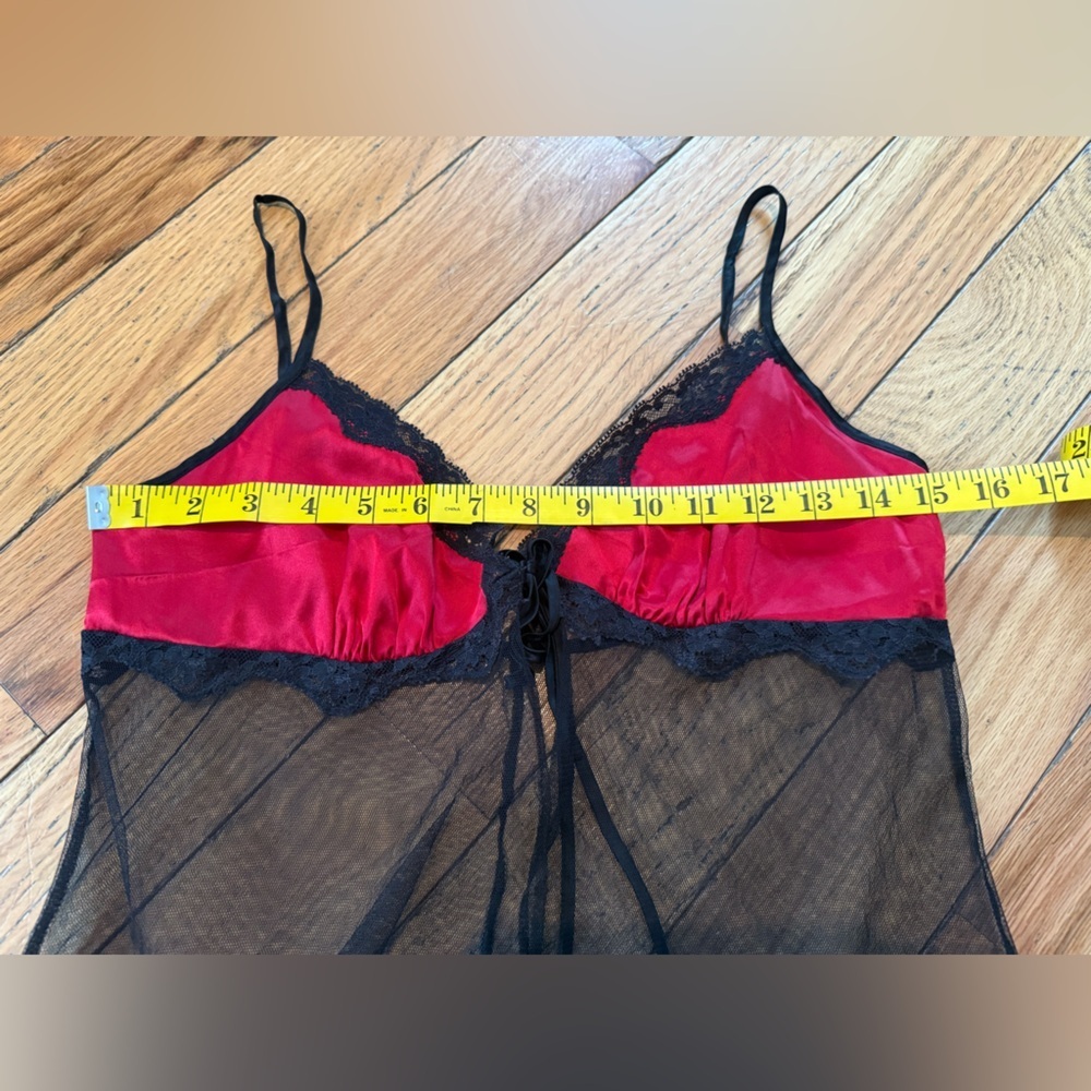 Y2K Victoria's Secret SILK RED Sheer Black Nylon Mesh Babydoll Teddy Slip/Top M - Picture 9 of 10